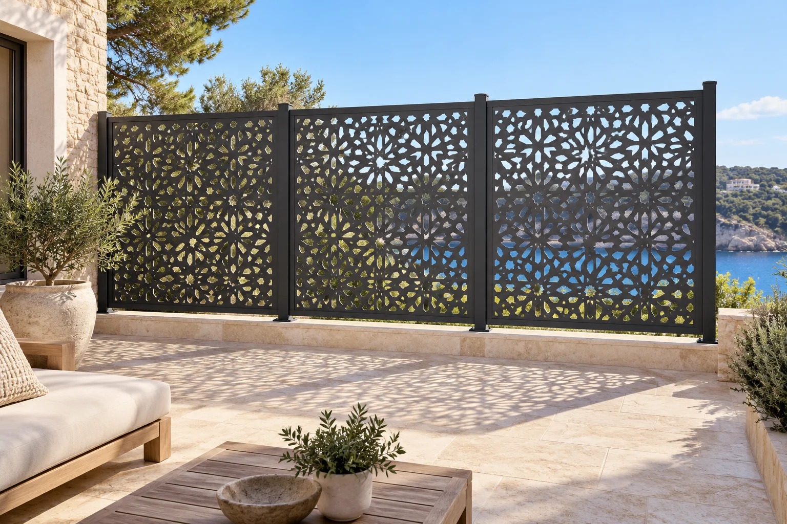 Illustrazione di pannelli metallici decorativi per la privacy di una terrazza a Minorca